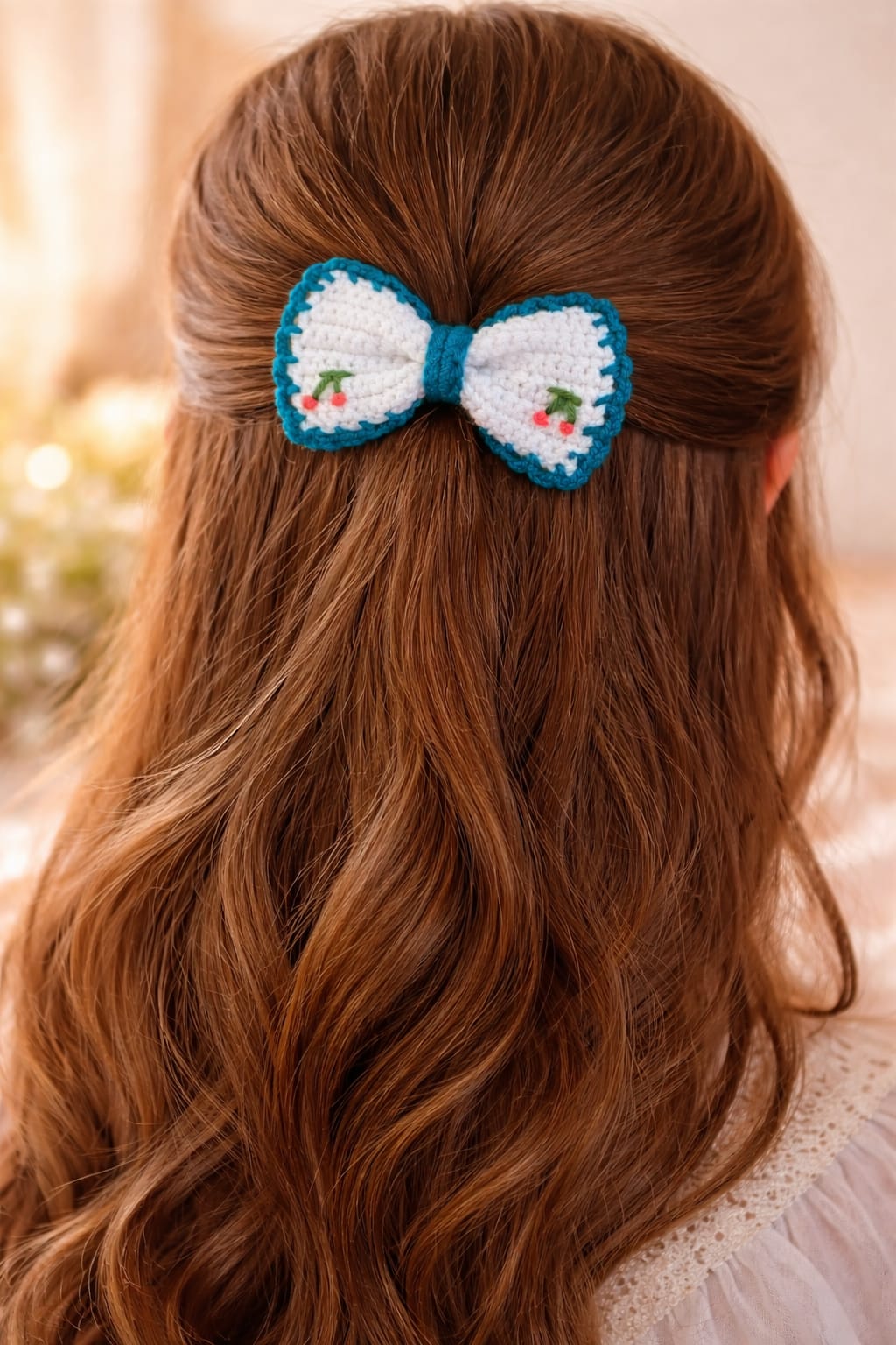 Crochet Cherry Bow Hair Clip (Teal Border)
