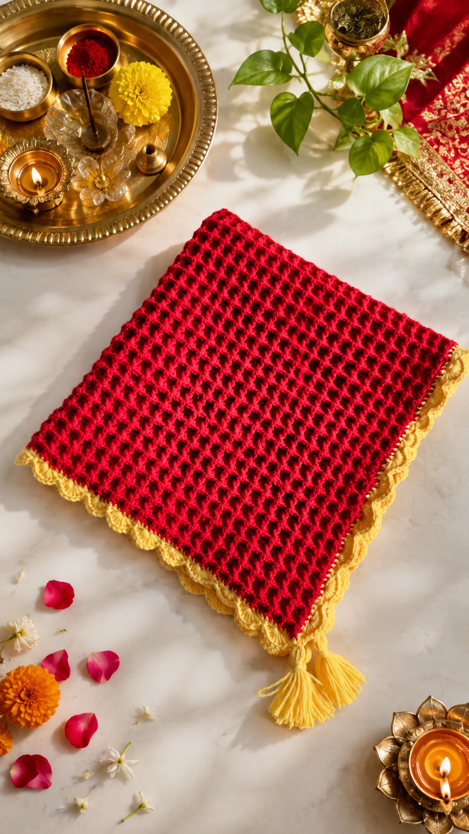 Puja aasan (prayer mat) is a handmade crocheted mat