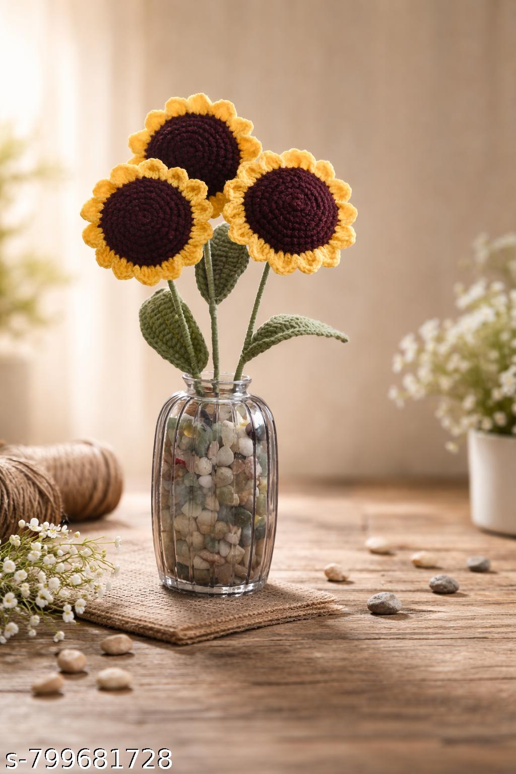 Crochet Sunflowers (Combo of 3) | Handmade Wool Tulip Sticks for Home Décor & Gifting