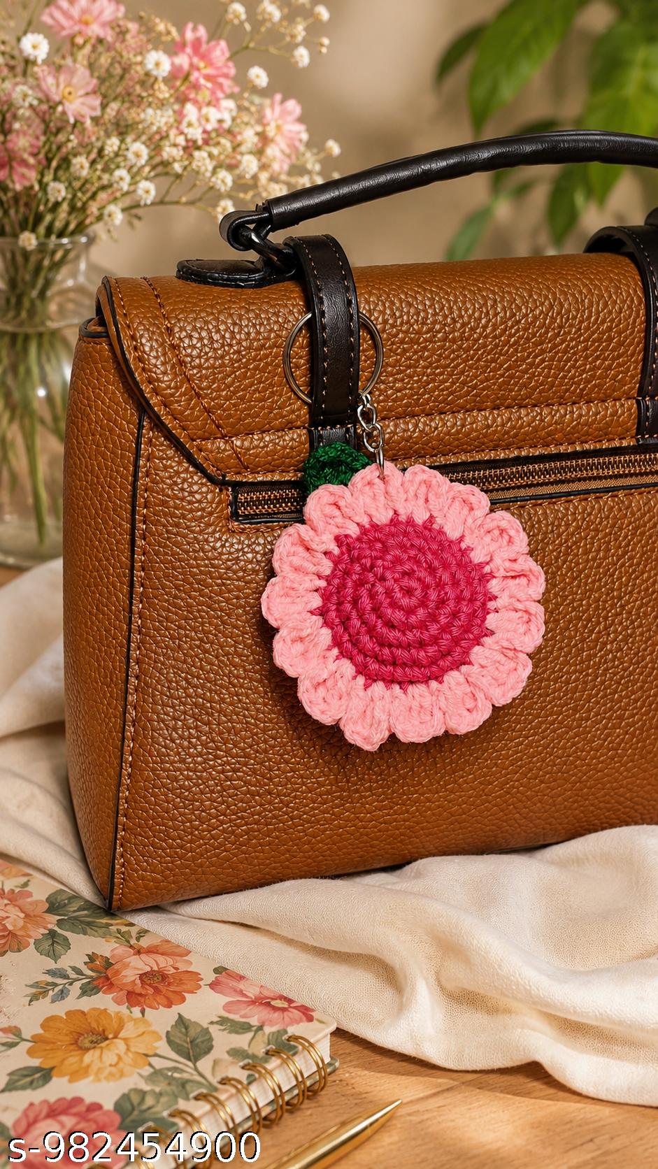 Handmade Crochet Flower Keychain for Women | Pink Floral Bag Charm | Cute Keyring
