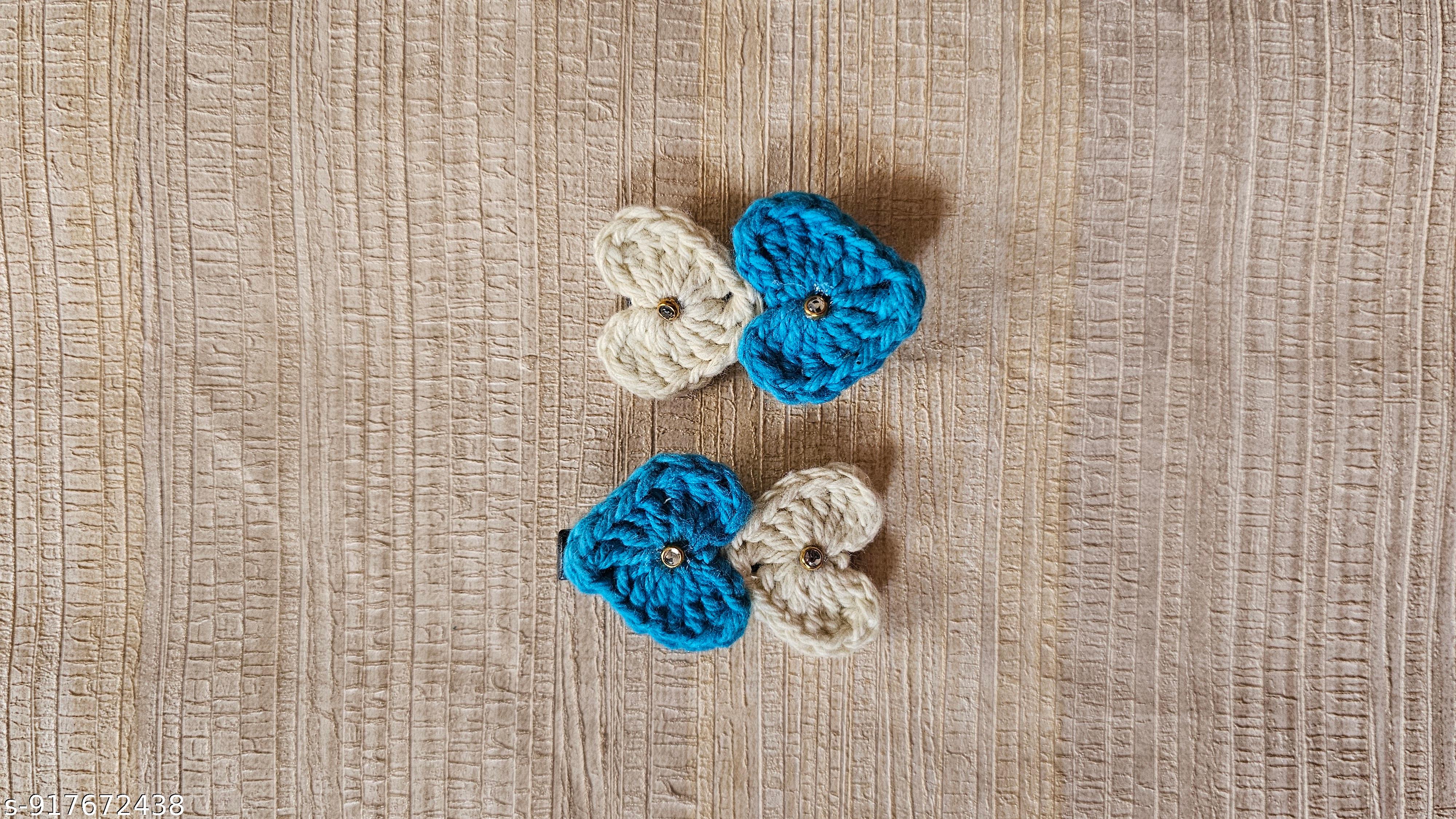 Handmade Crochet Heart Hair Clips for Girls & Women (Pack of 2, Blue & Cream)