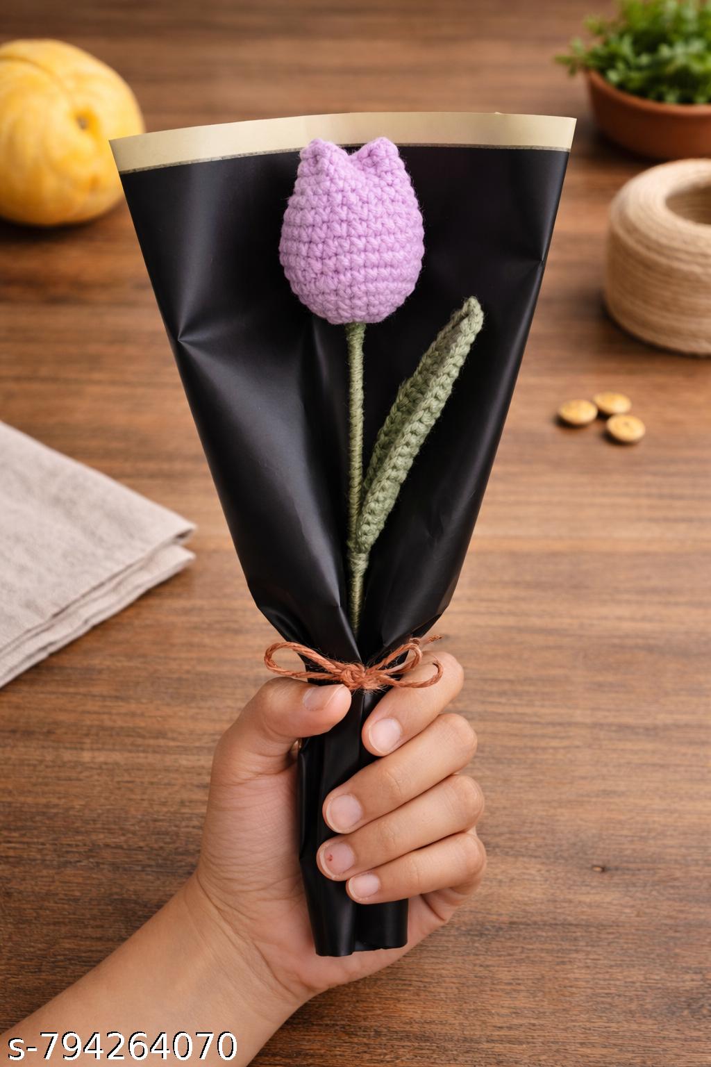 Handmade Crochet Purple Tulip Flower | Knitted Artificial Flower Bouquet | Gift for Her