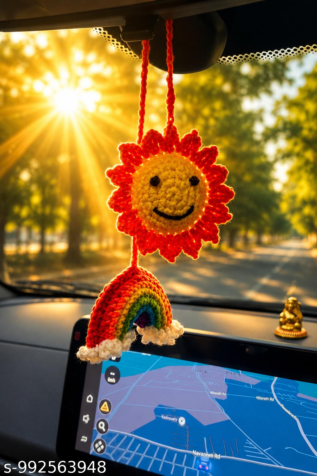 Handmade Crochet Sunflower & Rainbow Car Hanging / Keychain
