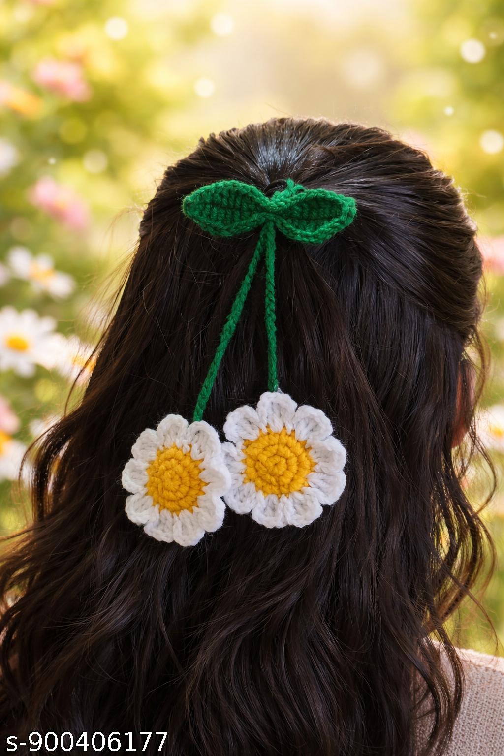 Handmade Crochet White Daisy Flower Hair Tie with Leaf – Cute Floral Hair Accessory for Girls & Women