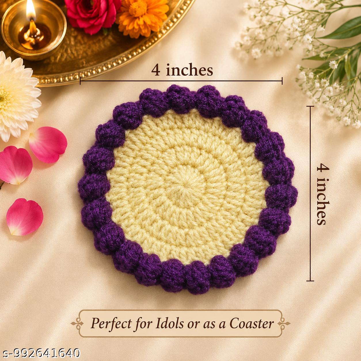 (Pack of 2) Handmade Crochet Round Idol Aasan / Tea Coaster |  Pooja Mat with Popcorn Border | 4 Inch (Cream & Purple)