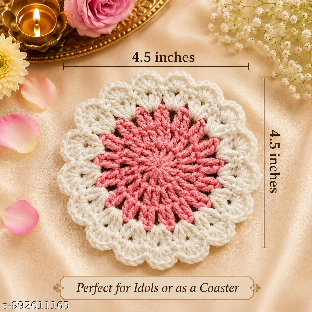 (PACK OF 2)Handmade Crochet Floral Idol Aasan / Tea Coaster (4.5 Inches)