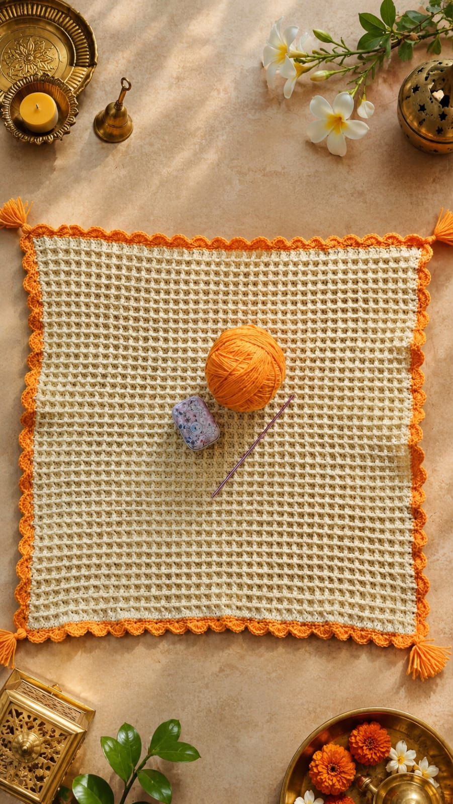 Cream & Orange Premium Woolen Crochet Puja Aasan